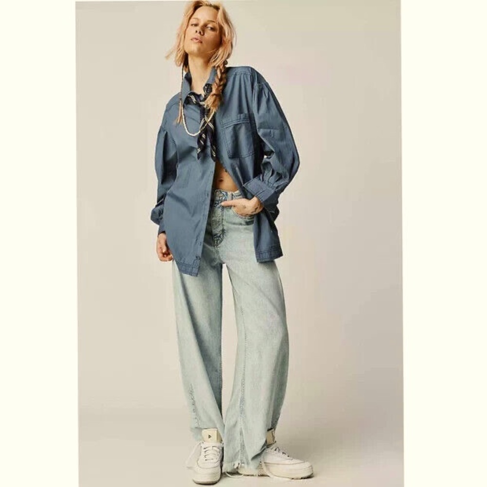 NWT Free People - We the Free Happy Hour Button Up Shirt Size Medium in Blue
